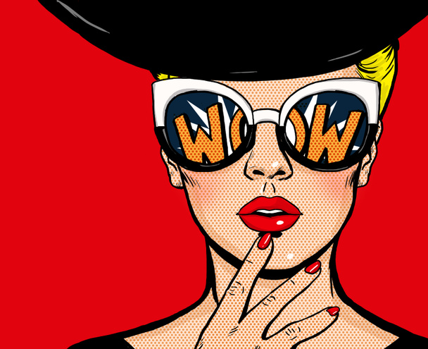Pop art thinking woman in black hat in glasses.Wow female face.Saxy amazed yong girl with open mouth - Photo, Image