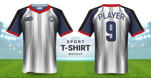 Fotbalový dres Sportovní tričko Mockup šablona, realistický grafický Design na přední a zadní pohled pro fotbalové Kit uniformy, snadná možnost uplatnit své kresby, Text, obrázek, Logo (Eps10 vektor) - Vektor, obrázek