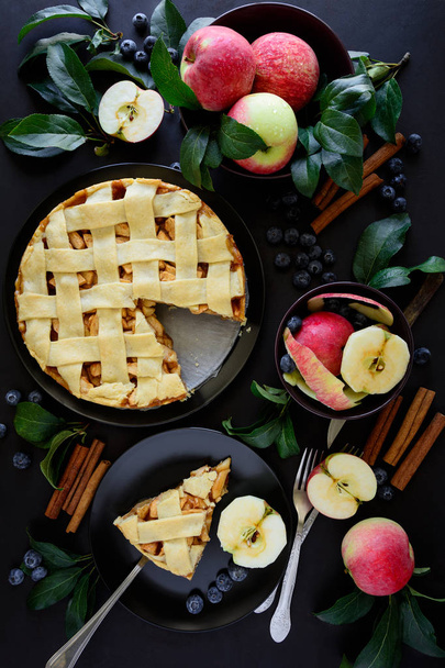 American tradition apple pie with apples, blueberry and cinnamon decorated apple leaves on dark wooden background. Top view. Flat lay. Still life. - Photo, image