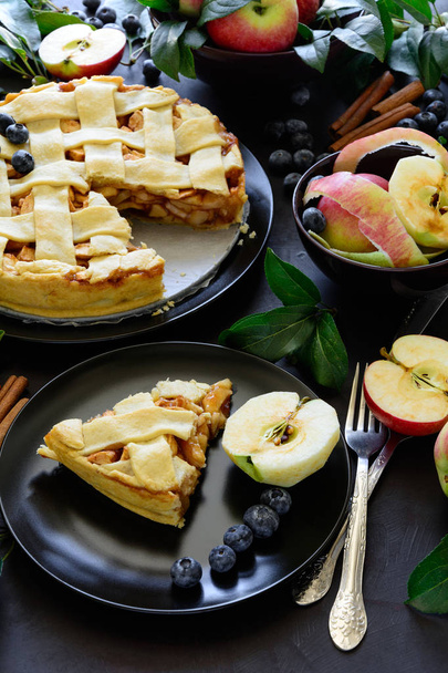 American tradition apple pie with apples, blueberry and cinnamon decorated apple leaves on dark wooden background. Flat lay. Still life. - 写真・画像