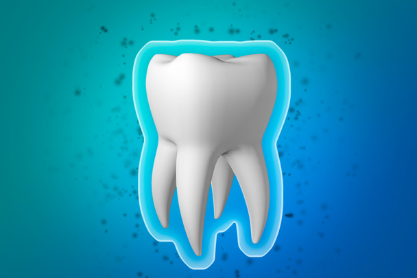 Protección dental. Escudo protector de la cáscara alrededor de un diente sano blanco sobre un fondo azul. 3d renderizado de dientes
 - Foto, Imagen