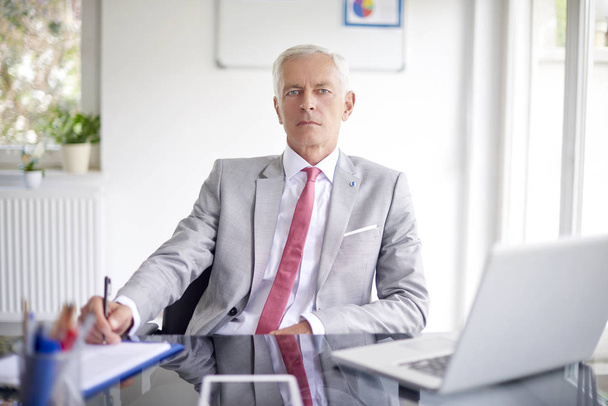 Executive senior businessman posing at office desk behind laptops - Fotografie, Obrázek