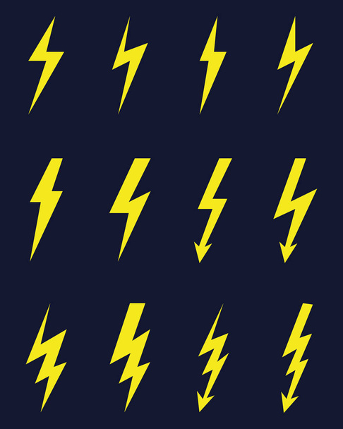 Thunder and bolt lighting flash icons on a black background - Vector, Image