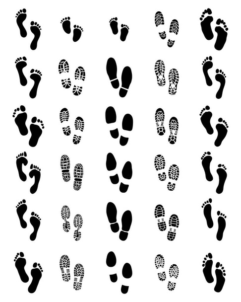 Stampe nere di scarpe e piedi umani su sfondo bianco
 - Vettoriali, immagini