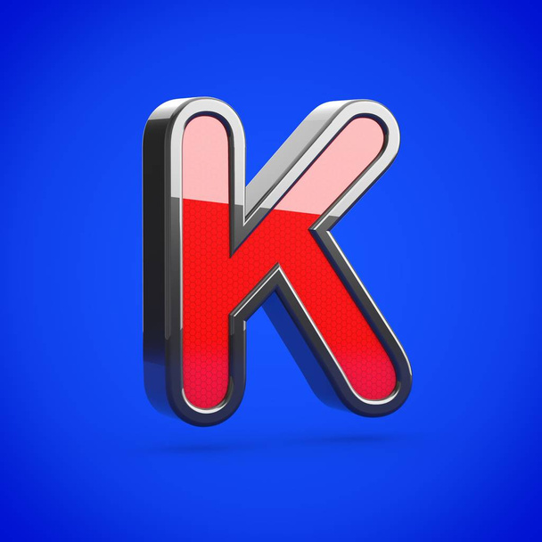 Szuperhős levél K nagybetűs. 3D render stilizált retro piros és fekete fényes betűtípus elszigetelt kék háttér. - Fotó, kép