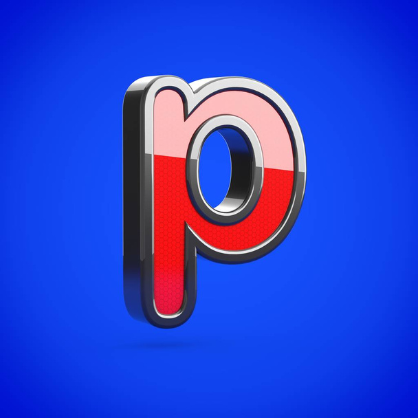 Szuperhős P betű kisbetű. 3D render stilizált retro piros és fekete fényes betűtípus elszigetelt kék háttér. - Fotó, kép