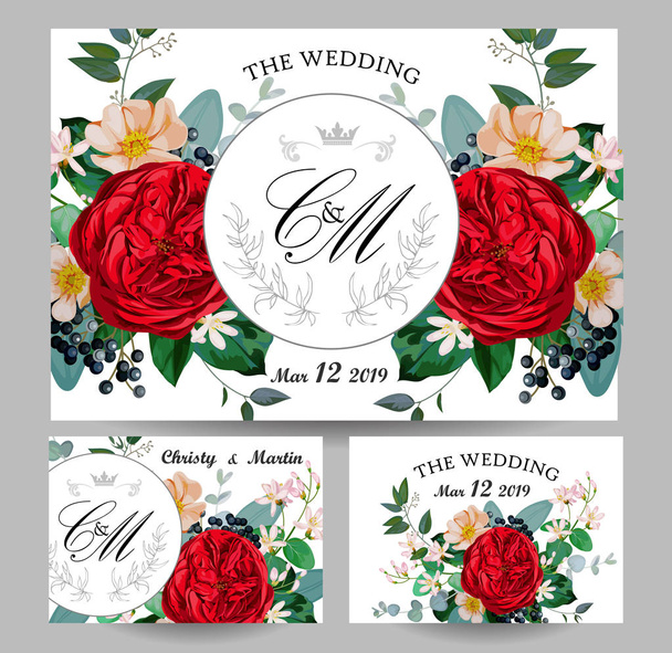 Wedding invitations with red english rose - Vector, Image