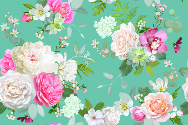 Прекрасный бесшовный весенний узор с розами, пионами, орхидеями и соками
 - Вектор,изображение