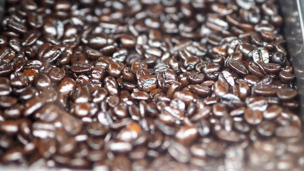 Many coffee beans from excellent source around the World in silver metal tray which special hand made roasted for barista bring a good aroma taste of freshness to their customer. - Photo, Image