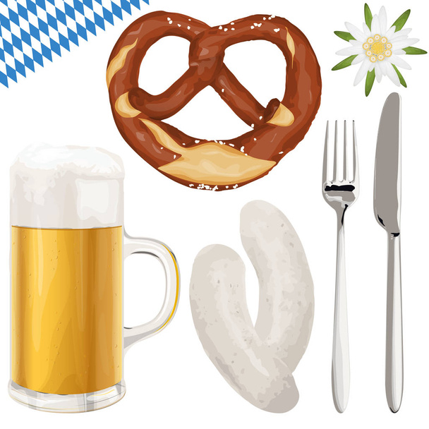 coleção de objetos Oktoberfest ilustrados típicos, cerveja, bretzel, salsicha branca com garfo e faca, flor Edelweiss
 - Vetor, Imagem