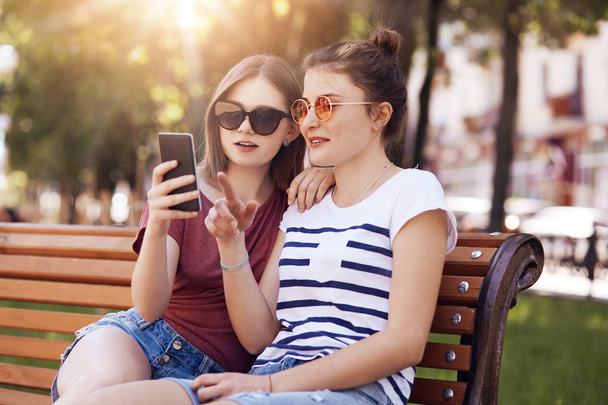 Beautiful female teenagers in trendy shades, looks attentively at smart phone, do shopping online, choose new summer outfit, pose on bench in park, enjoy sunny warm weather. Recreation concept - Фото, изображение