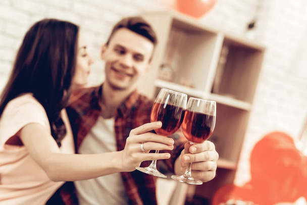 Beautiful Couple Wine Drinking On Valentine's Day. Love Each Other. Sweetheart's Romantic Holiday Concept. Young And Handsome. Happy Relationship. Feelings Showing. Celebrating Date. - Photo, Image