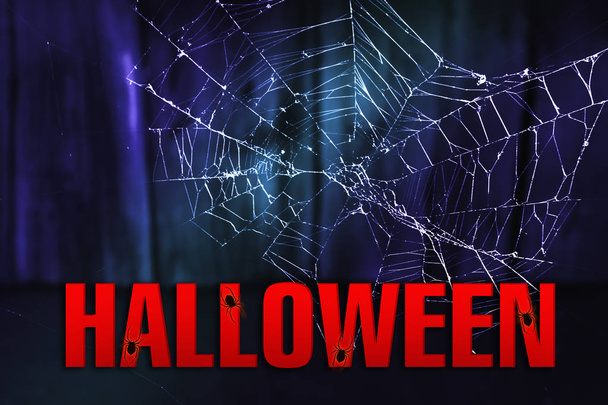 Dark abstract background on a Halloween holiday. The inscription "Halloween" on a dark background with a cobweb and neon light - Foto, Bild