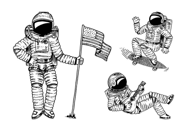 ABD bayrağı ile yükselen astronot. Spaceman kaykay ve gitar ile dans ediyor. astronomik gökada uzayda macera. kozmonot gezegenler Güneş sisteminde araştırıyor. oyma el çizilmiş kroki - Vektör, Görsel