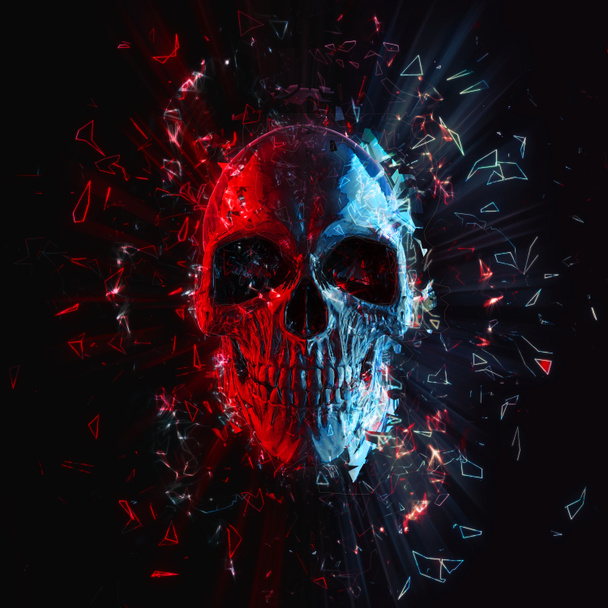 Cráneo brillante de polígono de neón rojo y azul
 - Foto, imagen