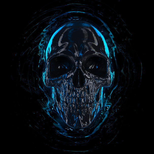 Zwarte glimmende schedel met blauwe hoogtepunten - Foto, afbeelding