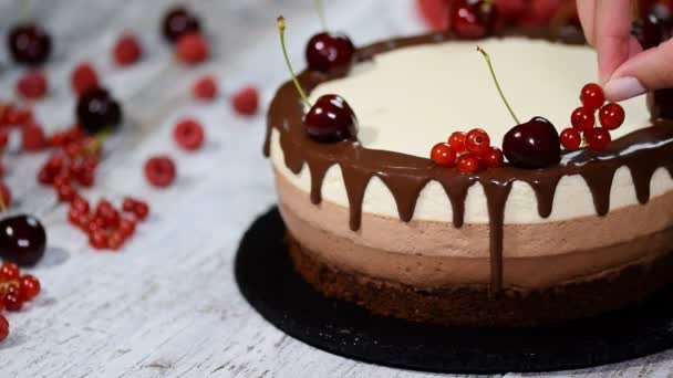 Triple chocolate mousse cake decorated with fresh berries - Footage, Video