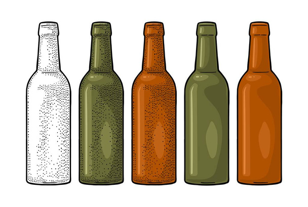 Open bierflesjes met groen, geel en bruin glas - Vector, afbeelding