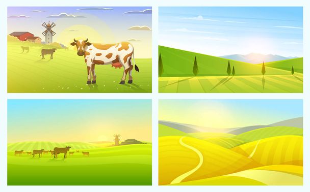 Rural landscape or meadow. Farm Agriculture. Vector illustration. Poster with Countryside, retro village for info graphic, websites. Windmill and hay. Summer morning background. Tuscany and dawn. - Vector, Image