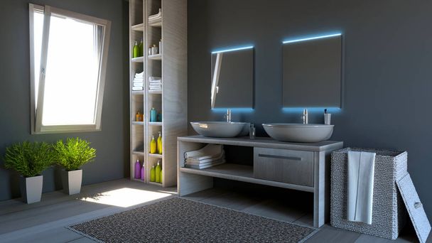 Yksityiskohta kylpyhuone, peili pesuallas ja kauneus tuotteita. Moderni kylpyhuone ja rentouttavat valot. 3d-renderointi
 - Valokuva, kuva
