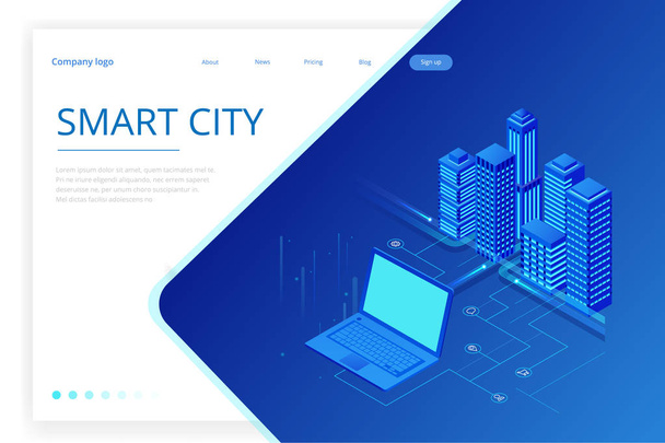 Isometric Modern city. Concept website template. Smart city with smart services and icons, internet of things, networks and augmented reality concept - Vector, Image