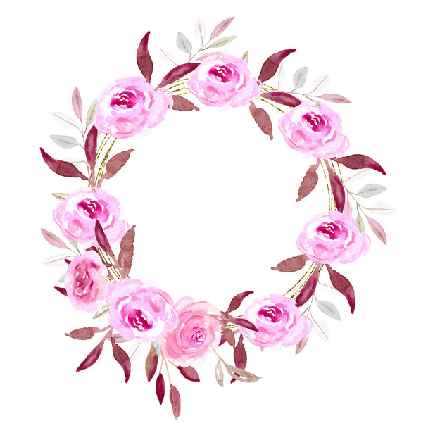 Pink and purple watercolor wreath, golden circle - Фото, изображение