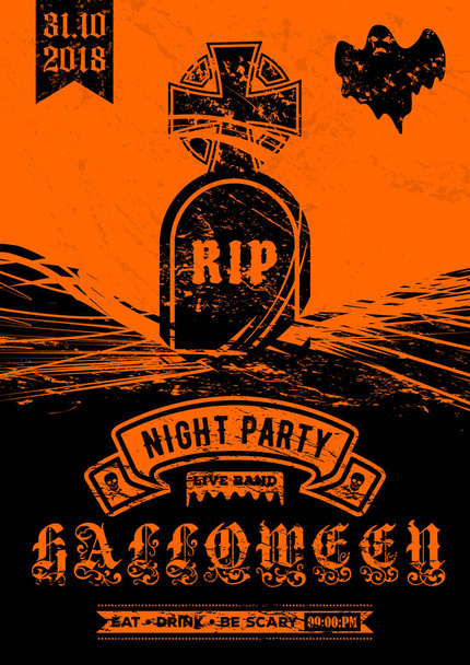 Halloween party uitnodiging, poster of het spandoek sjabloon met grafsteen. Vectorillustratie. - Vector, afbeelding