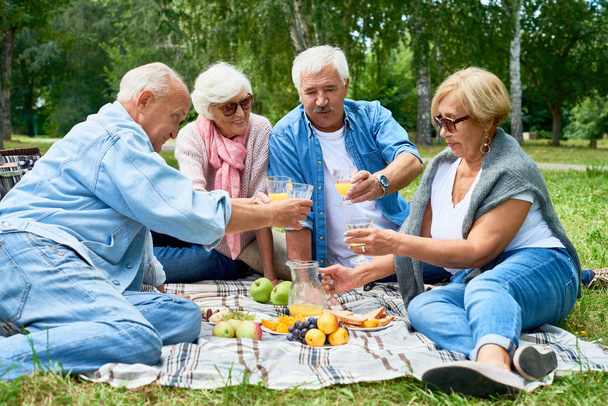 Ganzkörperporträt glücklicher Senioren beim Picknick auf grünem Rasen im Park, plaudernd und fröhlich lachend an sonnigen Sommertagen - Foto, Bild