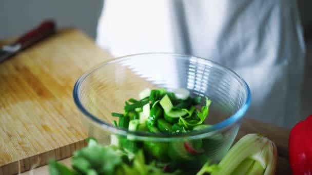 Χορτοφαγική Υγιεινή σαλάτα με φρέσκο κρεμμυδάκι, αγγούρι και ραπανάκια - Πλάνα, βίντεο