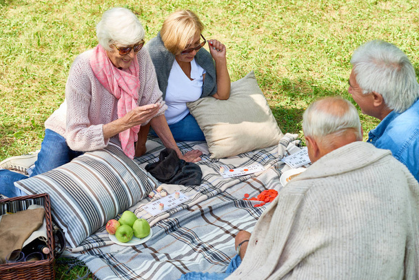 Portret grupy starszych przyjaciół wesoły gry lotto, ciesząc się piknik na zielony trawnik w parku - Zdjęcie, obraz