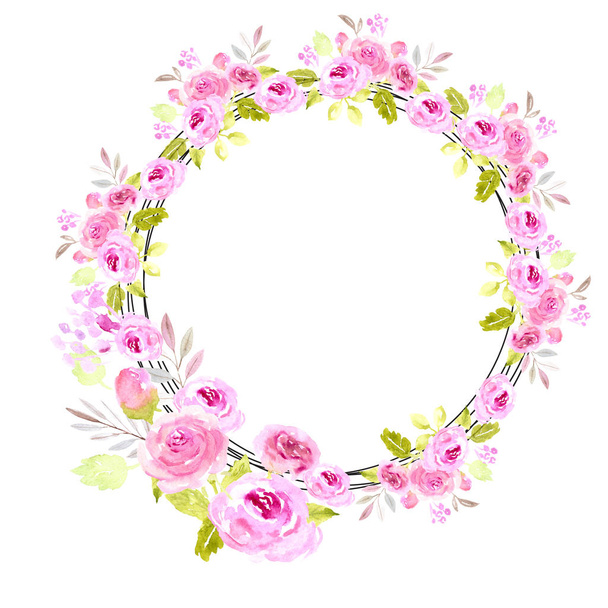 Pink watercolor floral wreath round - 写真・画像