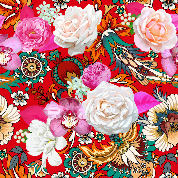 Seamless pattern with realistic and decorative flowers - Vector, Image