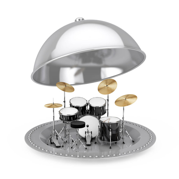 Profesyonel Rock siyah Drum Kit içinde gümüş Restoran Cloche beyaz zemin üzerinde. 3D render - Fotoğraf, Görsel