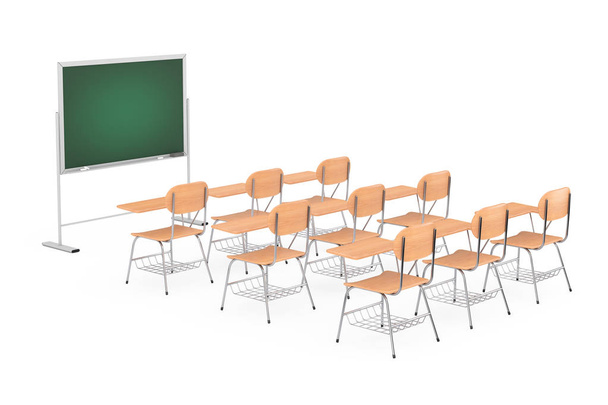 Rows of Wooden Lecture School or College Mesas de escritorio con sillas cerca de pizarra sobre un fondo blanco. Renderizado 3d
 - Foto, Imagen