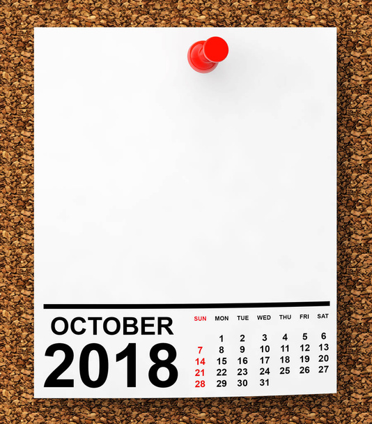 Calendario Octubre 2018 en papel de nota en blanco con espacio libre para su text.3d Rendering
 - Foto, imagen