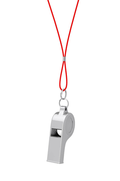 Klassieke Metal Coaches Whistle opknoping op rood touw op een witte achtergrond. 3D-rendering - Foto, afbeelding