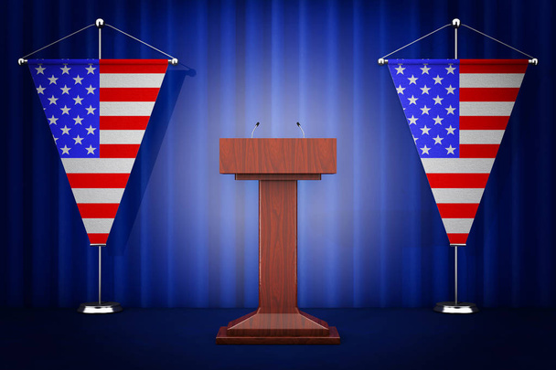 Tribune Rostrum Speech Stand with Microphones near USA Flags on a white background. 3d Rendering - Photo, Image