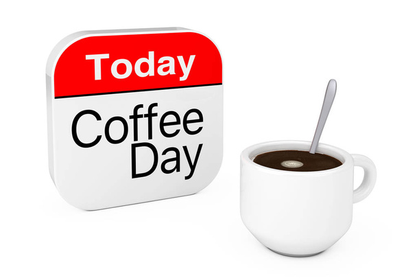Vandaag is het pictogram van de dag van de koffie in de buurt van kop van koffie op een witte achtergrond. 3D-rendering - Foto, afbeelding