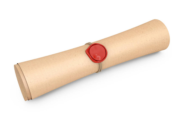Old Rolled Paper with Seal with Sealing Wax on a white background. 3d Rendering - Photo, Image
