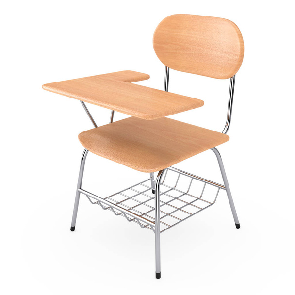 Drewniana wykład szkoły lub uczelni tabeli biurko z krzesłem na białym tle. renderowania 3D - Zdjęcie, obraz
