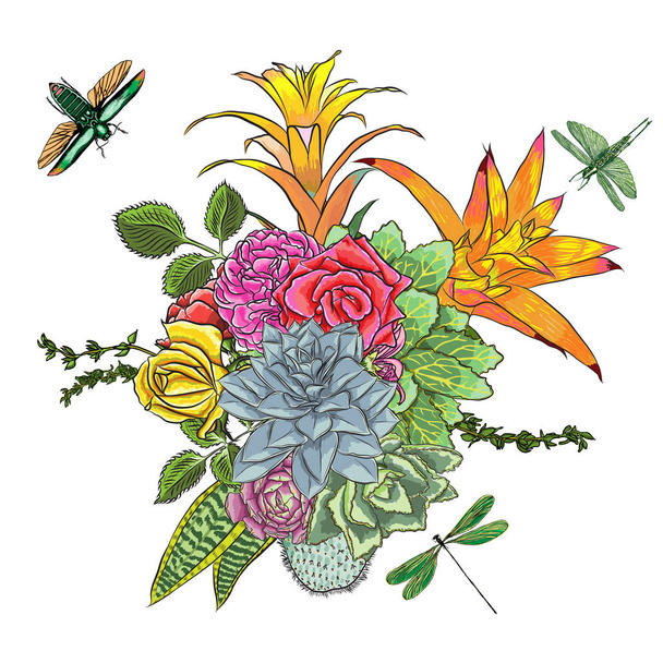 Stylish watercolor imitation with green and red flowers bouquet. Insects and bugs flying over the rose, succulent, eucalyptus, daisy, cactus. Floral bunch. Fresh mood composition. Isolated. Vector. - ベクター画像