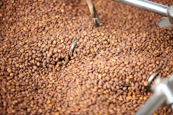 Primer plano de granos de café marrón cremoso tostado en la máquina de tambor de tostado artesanal local, espacio de copia
 - Foto, imagen