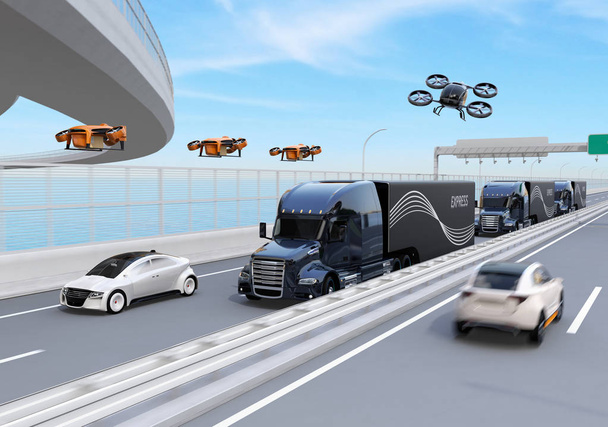 Flota de camiones americanos, drones de carga y coche volador. Concepto de logística y transporte. Imagen de renderizado 3D
. - Foto, Imagen