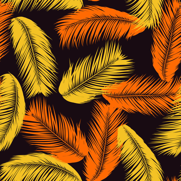 Feathers Seamless Pattern. Tropical Background. Jungle Foliage in Pastel Color Design. Abstract Exotic Wallpaper with Palm Leaves. Pink Feathers for Design, Cloth, Fabric, Textile. EPS10 Vector. - Вектор, зображення