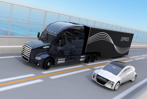 schwarzer amerikanischer LKW mit Brennstoffzellenantrieb überholt eine weiße Limousine auf der Autobahn. 3D-Renderbild. - Foto, Bild