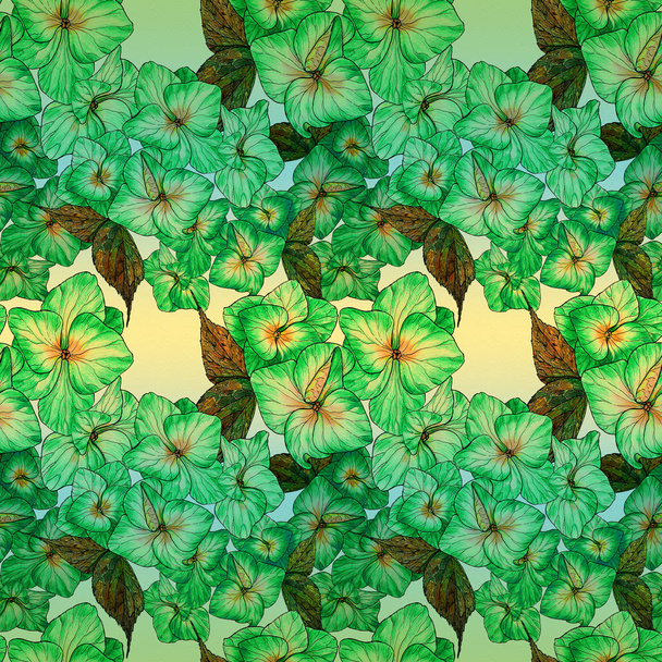 Blüten und Blätter von Hortensien - Zeichnung mit Aquarell. nahtloses Muster. Verwendung von Druckmaterialien, Schildern, Artikeln, Webseiten, Landkarten, Postern, Postkarten, Verpackungen. - Foto, Bild