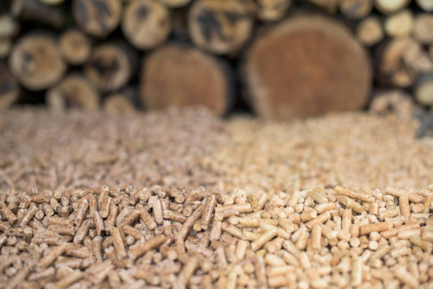 Montón de pellets de roble y pino delante de la pila de madera
 - Foto, imagen