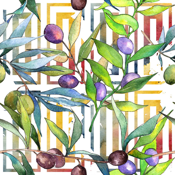 Olajfa akvarell stílusú. Varratmentes háttérben minta. Szövet nyomtatási textúrát. A növény neve: olívaolaj. Aquarelle olíva fa a háttérben, a textúra, a burkoló minta. - Fotó, kép