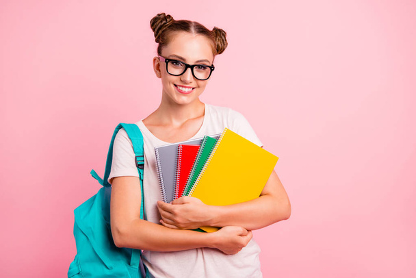 Ready to school Portrait of lovely and sweet girl hold colored  - 写真・画像