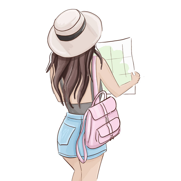 Summer tourist illustration. Vector traveller girl holding map. Glamour fashion magazine sketch, woman in shorts and hat  with pink backpack . Weekend adventure. - Vettoriali, immagini